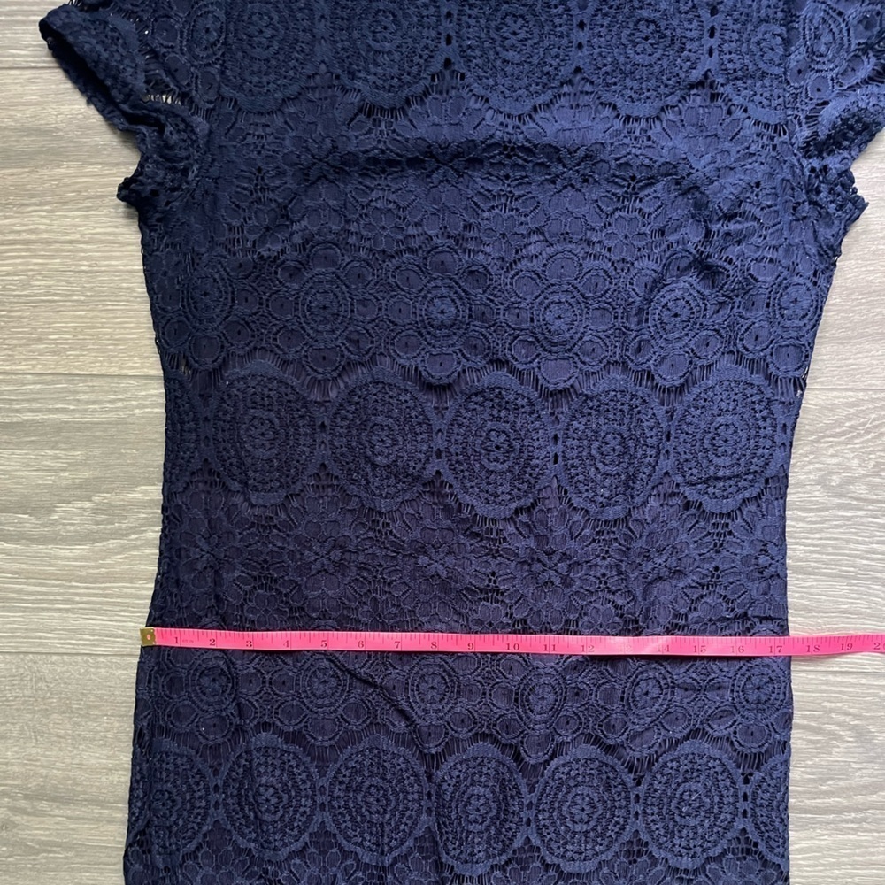 Laundry by Shelli Segal Navy Blue Lace Scalloped Cap Sleeve Work Dress Size 10 - Picture 7 of 8